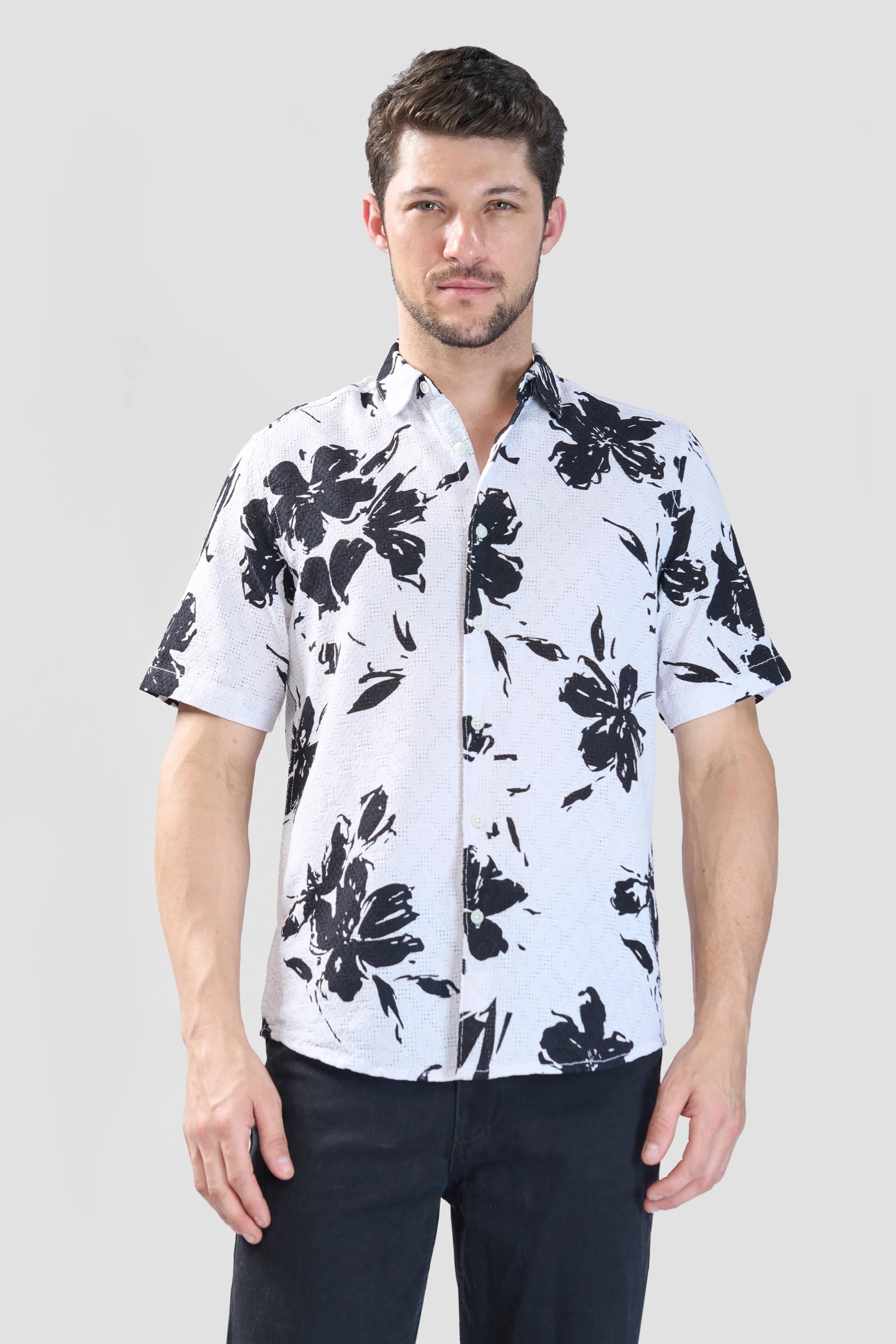 Xkind White Floral Printed Textured Regular Fit Shirt