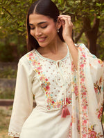 Thumbnail for Indo Era White Floral Yoke Design Tie-Up Neck Straight Kurta With Trousers & Dupatta