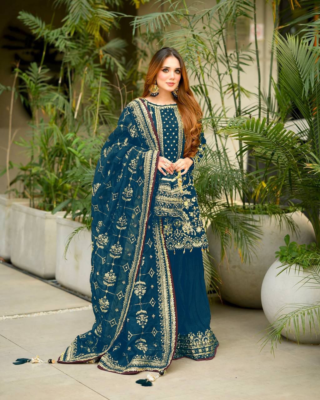 Anaita Teal Faux Georgette Readymade Suit with Embroidery & Moti Work - Dista