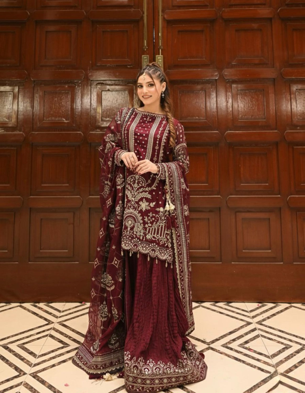Anaita Maroon Faux Georgette Readymade Suit with Embroidery & Moti Work - Dista