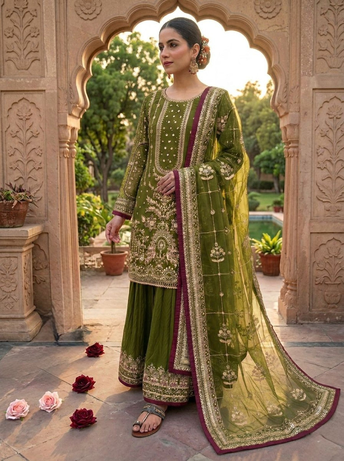 Anaita Mehendi Faux Georgette Readymade Suit with Embroidery & Moti Work - Dista