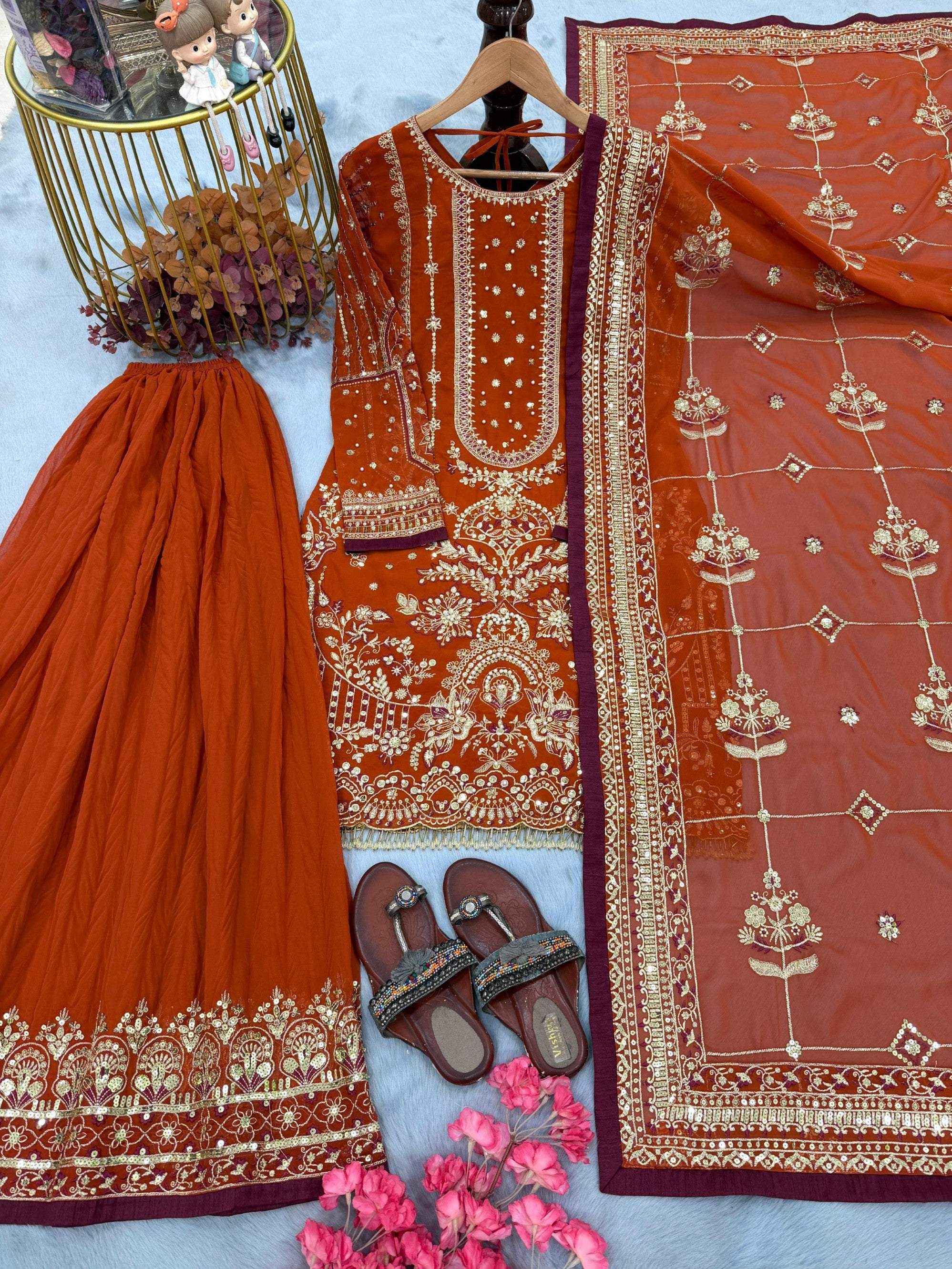 Anaita Orange Faux Georgette Readymade Suit with Embroidery & Moti Work - Dista