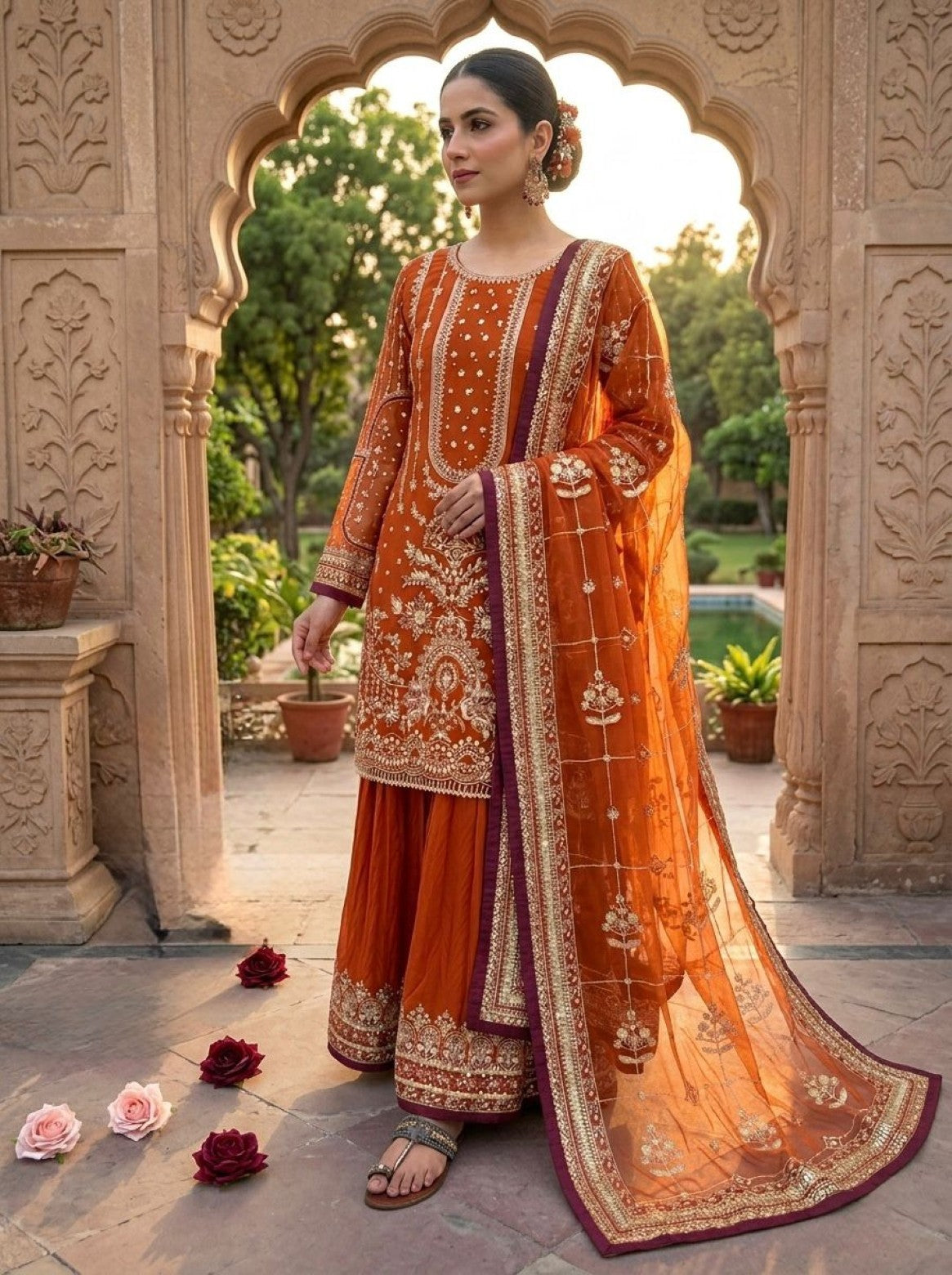 Anaita Orange Faux Georgette Readymade Suit with Embroidery & Moti Work - Dista