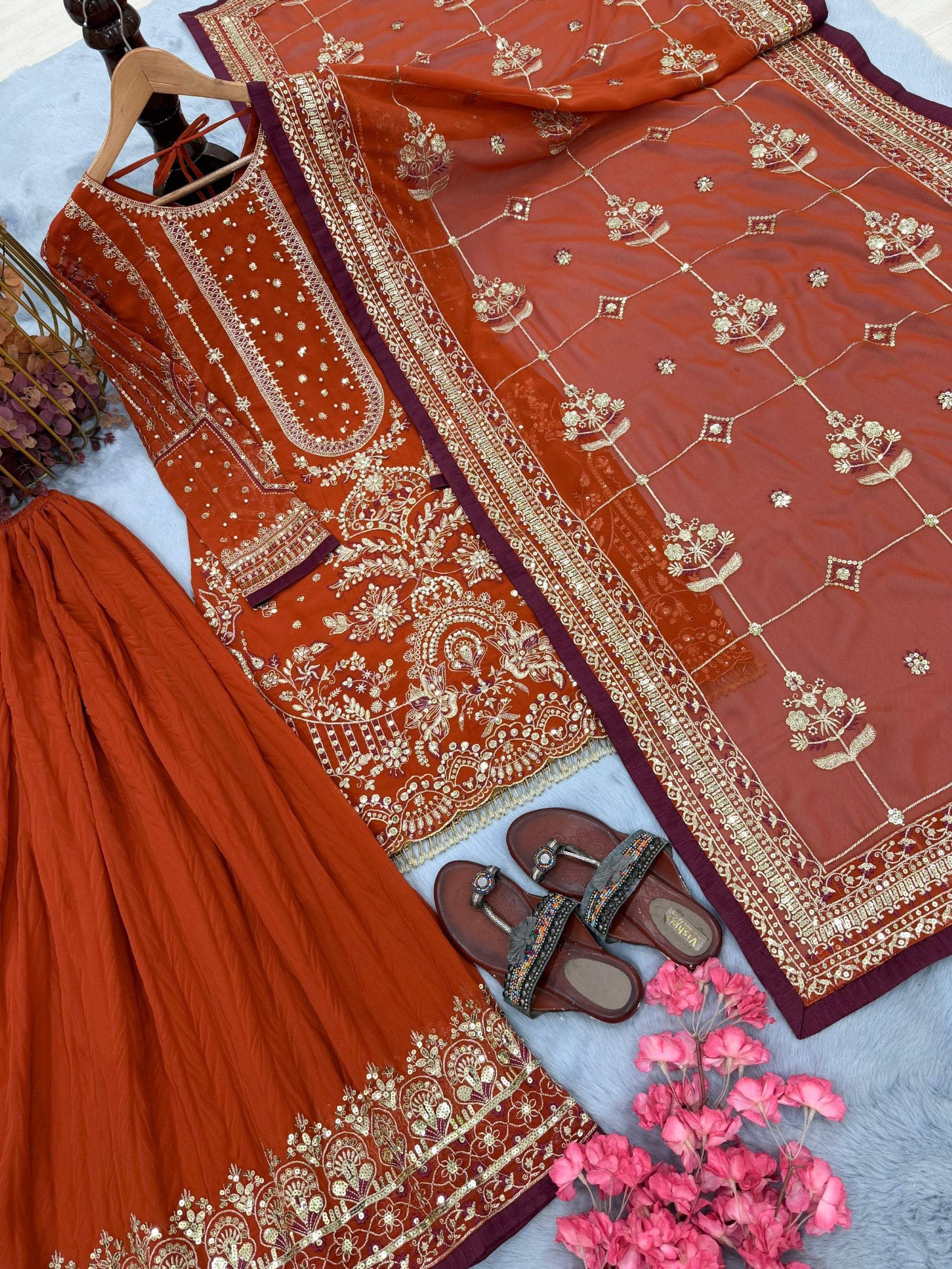 Anaita Orange Faux Georgette Readymade Suit with Embroidery & Moti Work - Dista