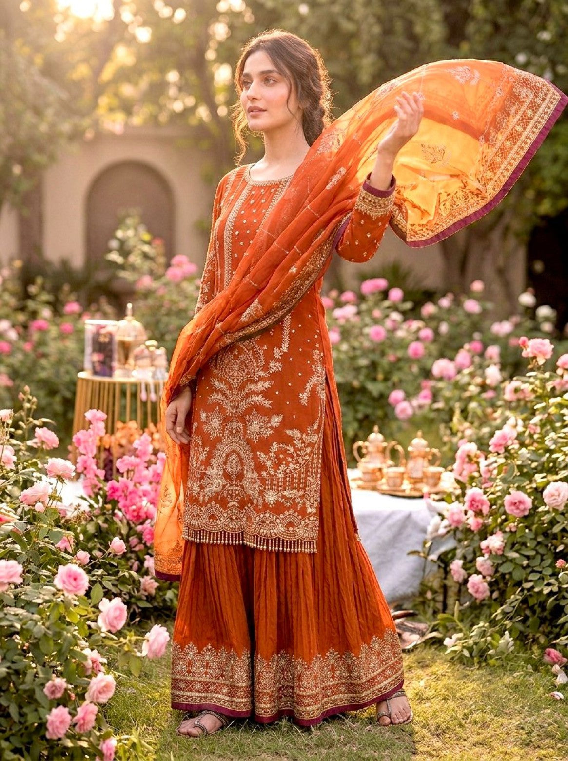 Anaita Orange Faux Georgette Readymade Suit with Embroidery & Moti Work - Dista
