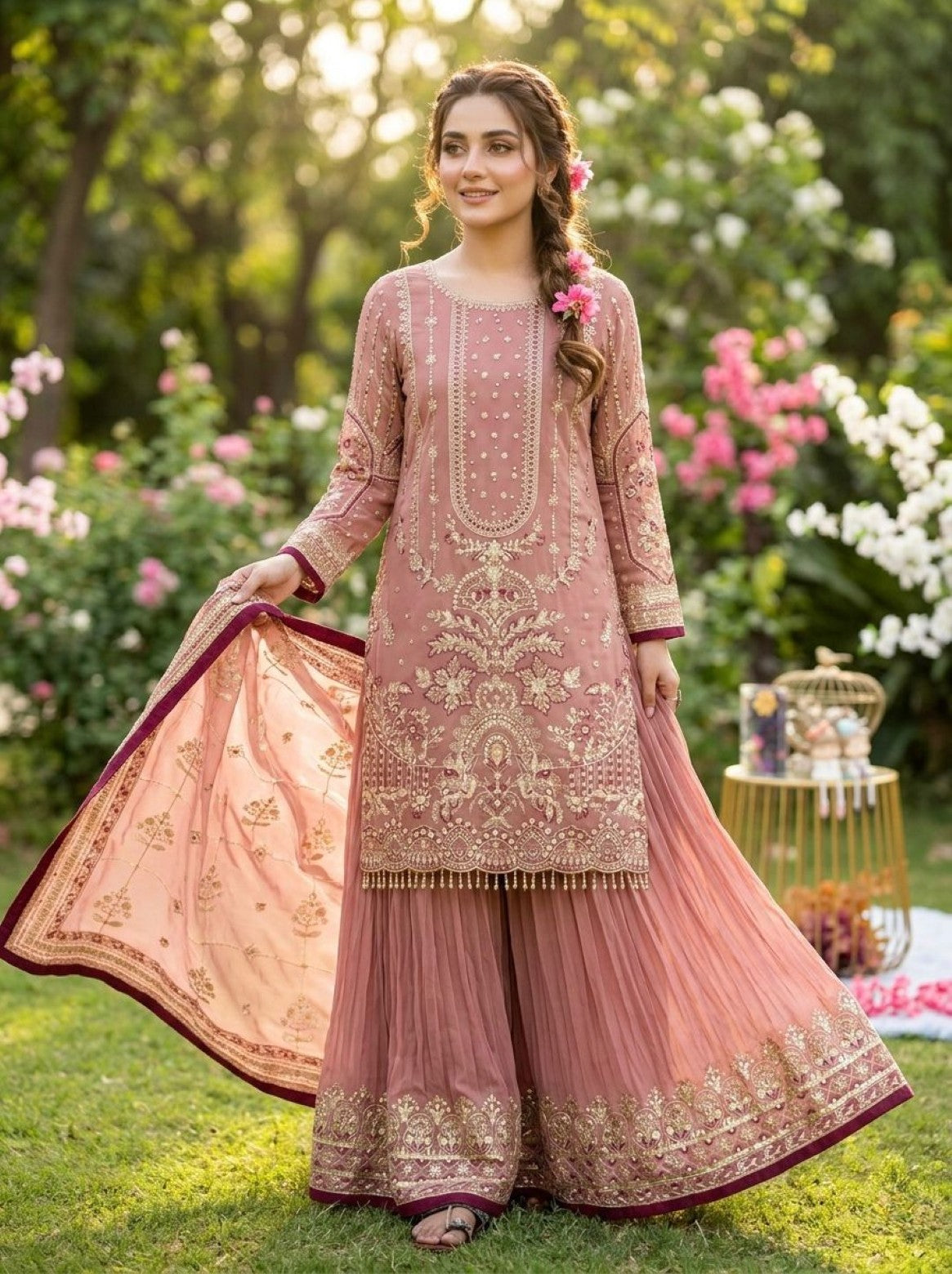 Anaita Pink Faux Georgette Readymade Suit with Embroidery & Moti Work - Dista