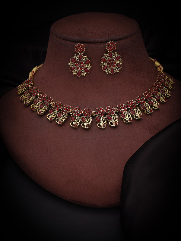 Tehzeeb Creations Luxurious Gold Polished Maroon Colour Choker Necklace Set With Matching Earrings - Distacart
