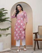 Thumbnail for Vaasva Women Nude Pink Cotton Printed Straight Kurti