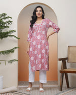 Thumbnail for Vaasva Women Nude Pink Cotton Printed Straight Kurti