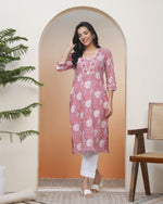 Thumbnail for Vaasva Women Nude Pink Cotton Printed Straight Kurti