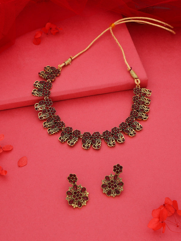 Tehzeeb Creations Luxurious Gold Polished Maroon Colour Choker Necklace Set With Matching Earrings - Distacart
