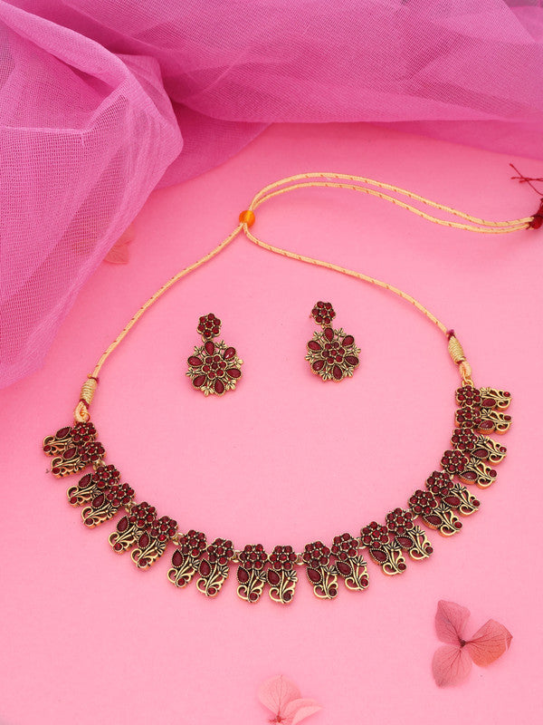 Tehzeeb Creations Luxurious Gold Polished Maroon Colour Choker Necklace Set With Matching Earrings - Distacart
