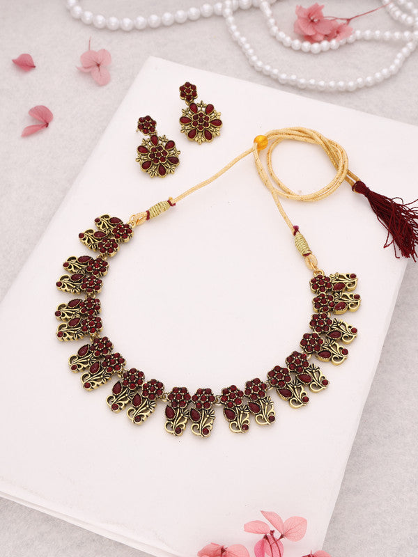 Tehzeeb Creations Luxurious Gold Polished Maroon Colour Choker Necklace Set With Matching Earrings - Distacart