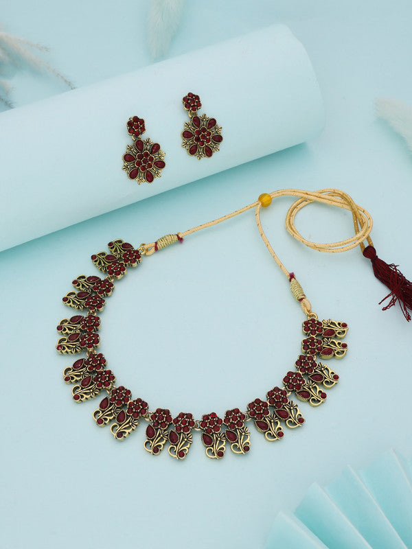 Tehzeeb Creations Luxurious Gold Polished Maroon Colour Choker Necklace Set With Matching Earrings - Distacart