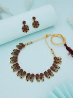 Thumbnail for Tehzeeb Creations Luxurious Gold Polished Maroon Colour Choker Necklace Set With Matching Earrings - Distacart