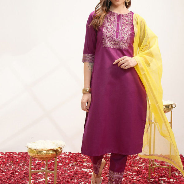 Vishudh Ethnic Motifs Yoke Design Regular Kurta with Trousers & With Dupatta - Distacart