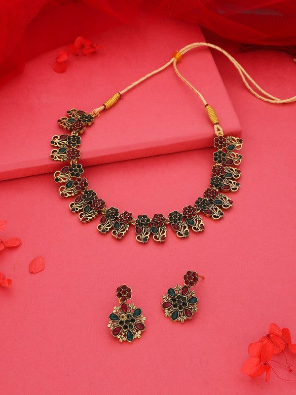 Tehzeeb Creations Luxurious Gold Polished Maroon & Green Colour Choker Necklace Set With Matching Earrings - Distacart