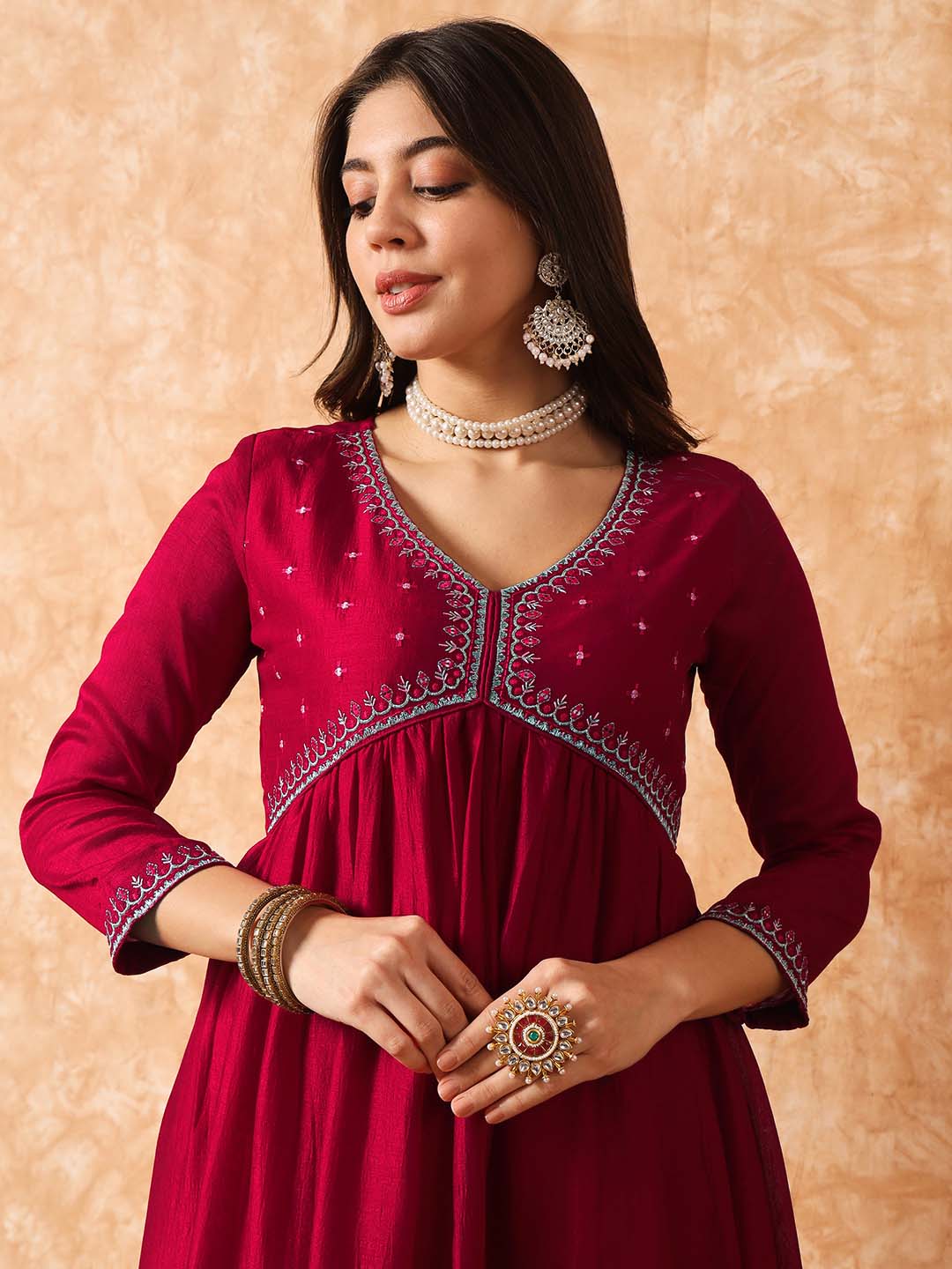 Kalini Ethnic Motif Embroidered Empire Thread Work Anarkali Kurta & Trousers With Dupatta - Distacart