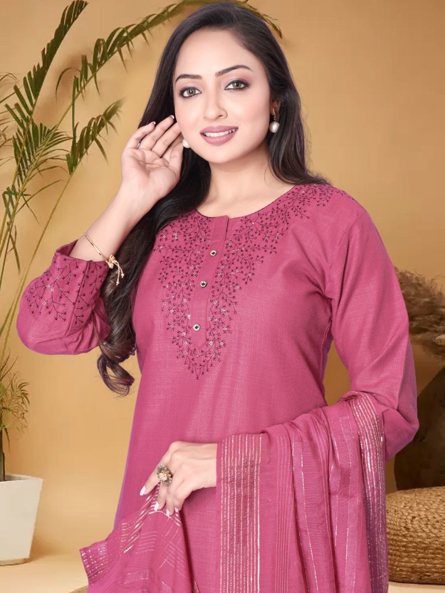 Anouk Pink Ethnic Motifs Yoke Design Sequined Straight Kurta with Trouser & Dupatta - Distacart
