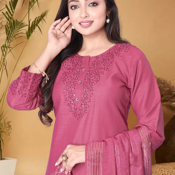 Anouk Pink Ethnic Motifs Yoke Design Sequined Straight Kurta with Trouser & Dupatta - Distacart