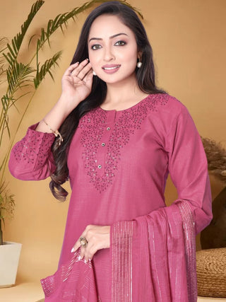 Anouk Pink Ethnic Motifs Yoke Design Sequined Straight Kurta with Trouser & Dupatta - Distacart