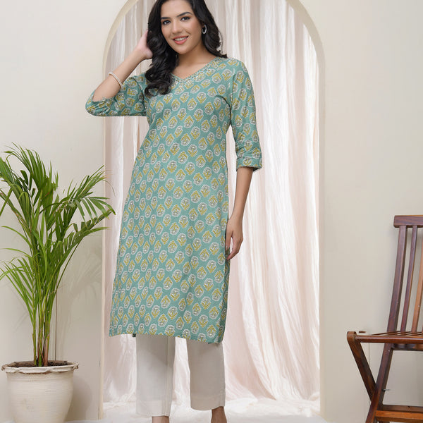 Vaasva Women Aqua Cotton Printed Straight Kurti