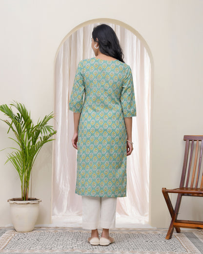 Vaasva Women Aqua Cotton Printed Straight Kurti - Distacart