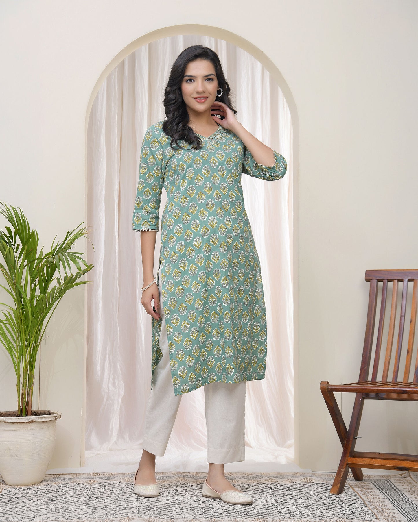 Vaasva Women Aqua Cotton Printed Straight Kurti - Distacart