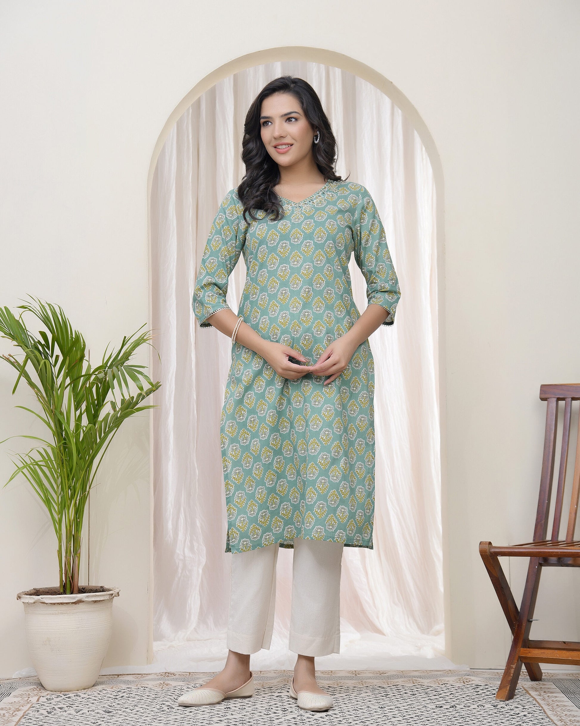 Vaasva Women Aqua Cotton Printed Straight Kurti - Distacart