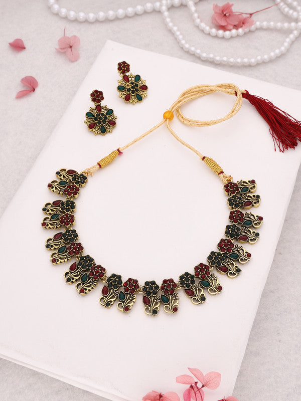 Tehzeeb Creations Luxurious Gold Polished Maroon & Green Colour Choker Necklace Set With Matching Earrings - Distacart