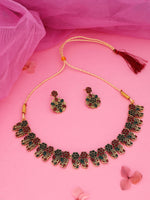Thumbnail for Tehzeeb Creations Luxurious Gold Polished Maroon & Green Colour Choker Necklace Set With Matching Earrings - Distacart