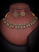 Thumbnail for Tehzeeb Creations Luxurious Gold Polished Maroon & Green Colour Choker Necklace Set With Matching Earrings - Distacart