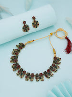 Thumbnail for Tehzeeb Creations Luxurious Gold Polished Maroon & Green Colour Choker Necklace Set With Matching Earrings - Distacart