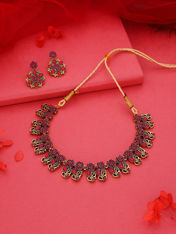 Tehzeeb Creations Luxurious Gold Polished Pink Colour Choker Necklace Set With Matching Earrings - Distacart