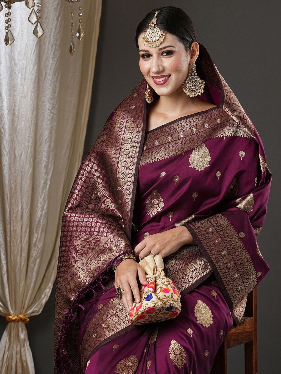 Anouk Purple & Gold-Toned Ethnic Motifs Zari Banarasi Saree - Distacart