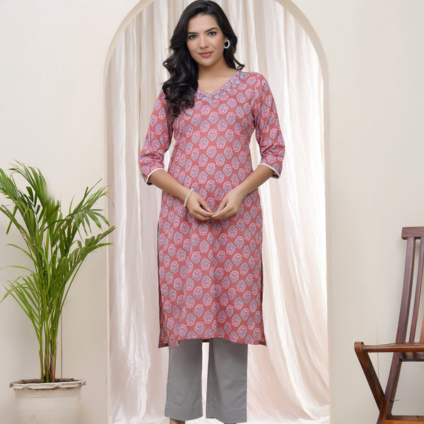 Vaasva Women Pink Cotton Printed Straight Kurti