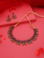 Thumbnail for Tehzeeb Creations Luxurious Gold Polished Pink Colour Choker Necklace Set With Matching Earrings - Distacart
