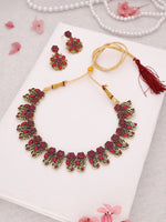 Thumbnail for Tehzeeb Creations Luxurious Gold Polished Pink Colour Choker Necklace Set With Matching Earrings - Distacart