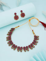 Thumbnail for Tehzeeb Creations Luxurious Gold Polished Pink Colour Choker Necklace Set With Matching Earrings - Distacart