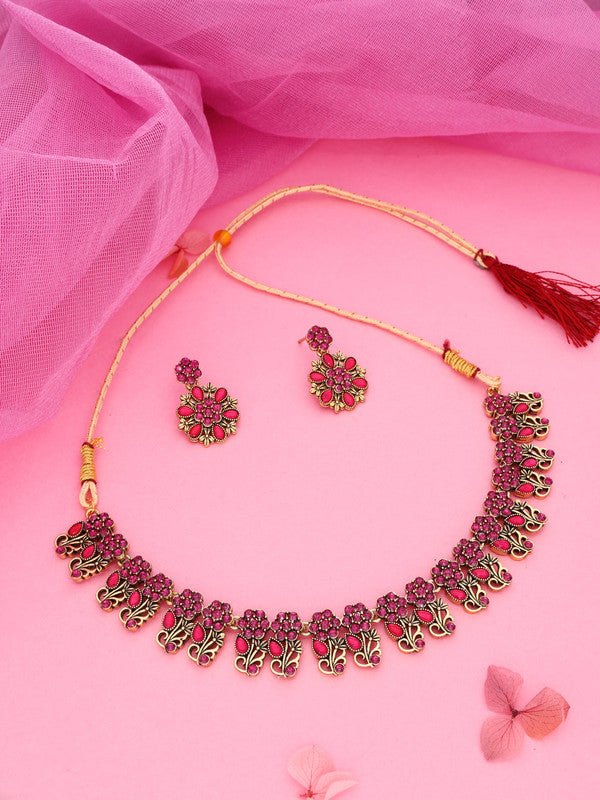Tehzeeb Creations Luxurious Gold Polished Pink Colour Choker Necklace Set With Matching Earrings - Distacart