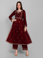 Thumbnail for Malishka Women's Maroon Vichitra silk Embroidery Kurta Set - Distacart