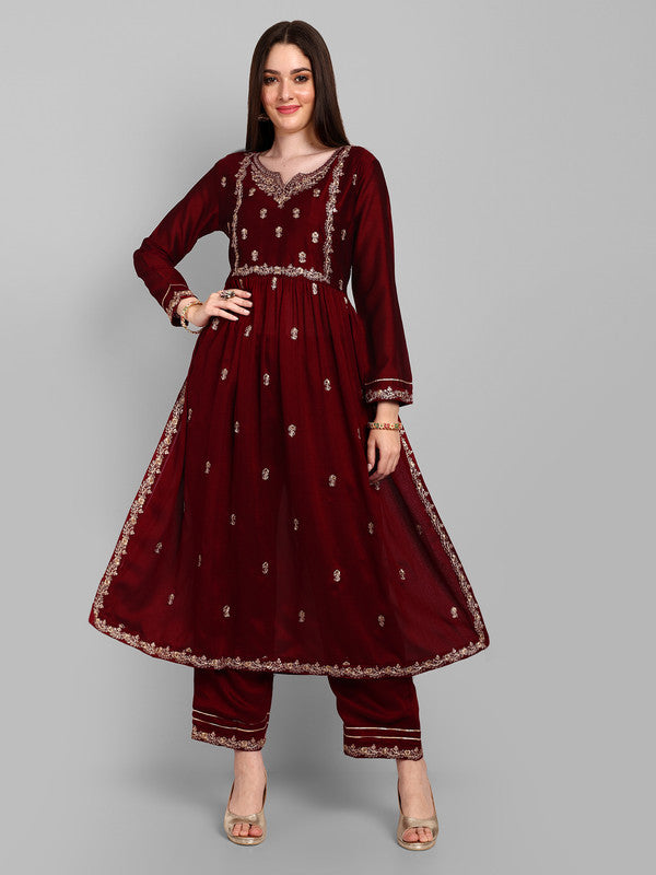 Malishka Women's Maroon Vichitra silk Embroidery Kurta Set - Distacart