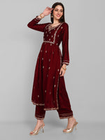 Thumbnail for Malishka Women's Maroon Vichitra silk Embroidery Kurta Set - Distacart