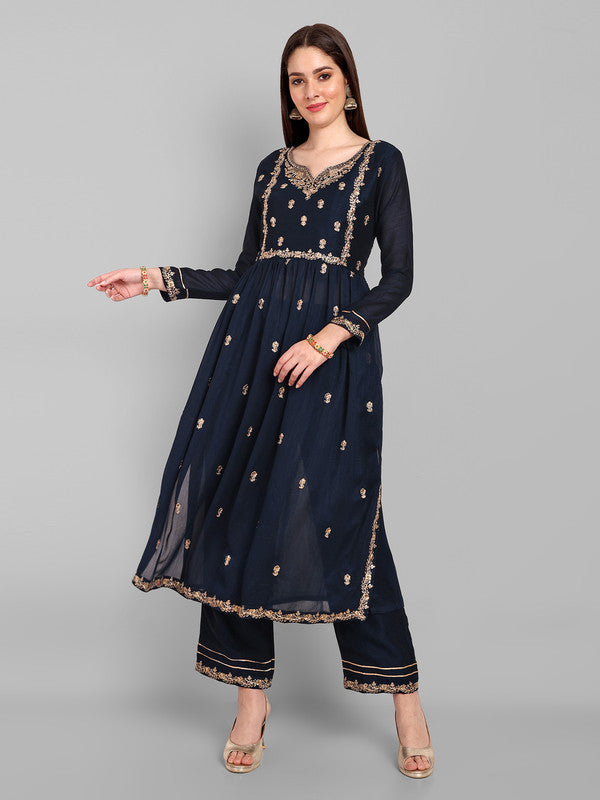Malishka Women's Navy Vichitra silk Embroidery Kurta Set - Distacart