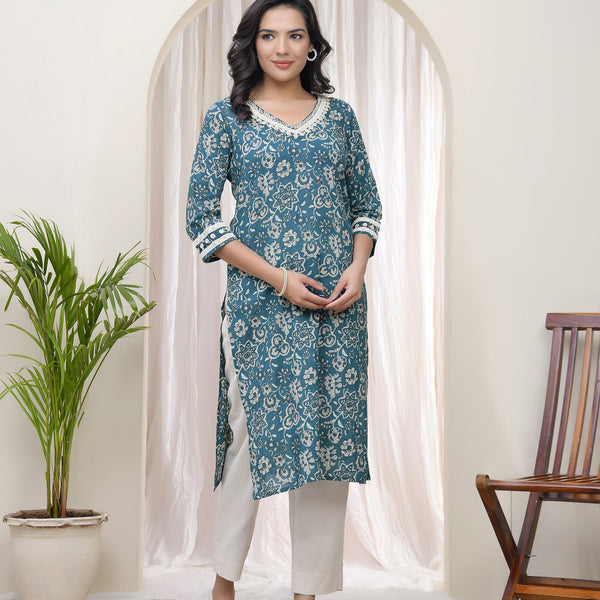 Vaasva Women Ferozi Cotton Printed Straight Kurti