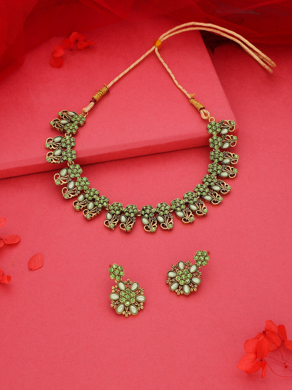 Tehzeeb Creations Luxurious Gold Polished Sea Green Colour Choker Necklace Set With Matching Earrings - Distacart