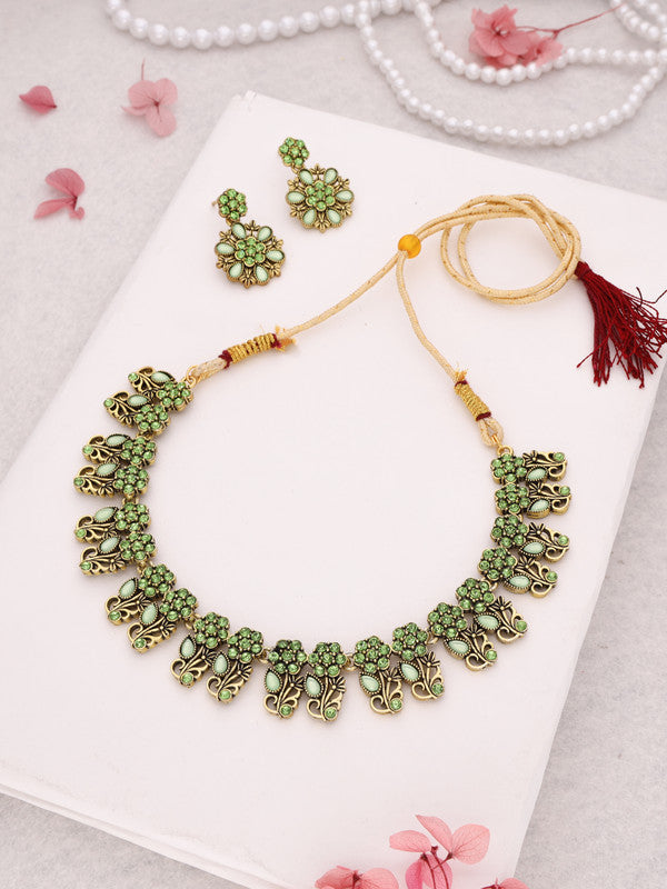 Tehzeeb Creations Luxurious Gold Polished Sea Green Colour Choker Necklace Set With Matching Earrings - Distacart