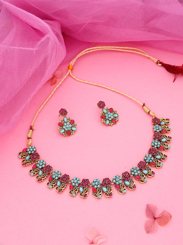 Tehzeeb Creations Luxurious Gold Polished Sky Blue Color Choker Necklace Set With Matching Earrings - Distacart