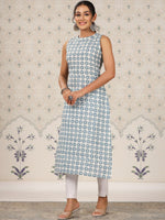 Thumbnail for Ode by House of Pataudi Floral Printed Sleeveless A-Line Cotton Kurta - Distacart