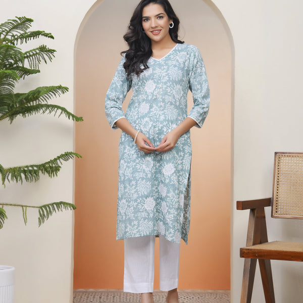 Vaasva Women Mint Cotton Printed Straight Kurti